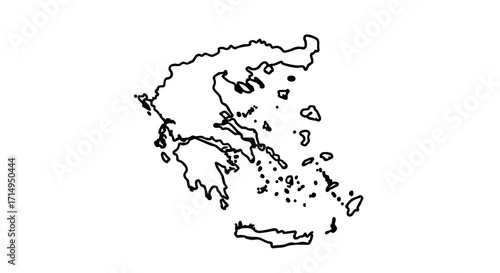Country outline of Greece, minimal geographical silhouette of European state on white background. Country outline features detailed borders and islands.