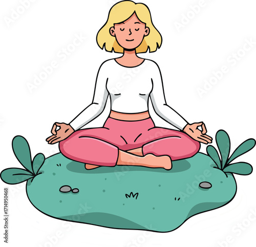 Woman Sitting Cross Legged Meditating Outdoors on Grass Patch in Calm Relaxation Pose for Mindfulness Practice