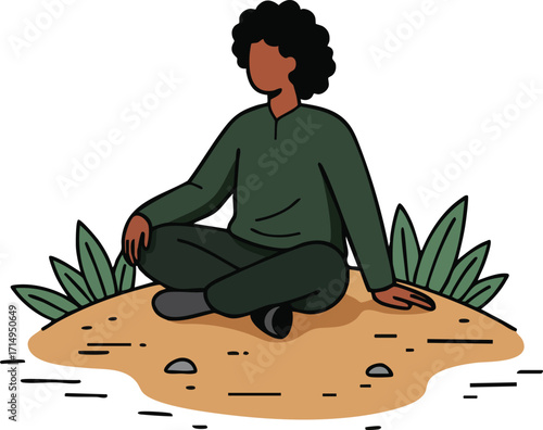 Person meditating in lotus position on ground surrounded by plants vector illustration peaceful and calm 