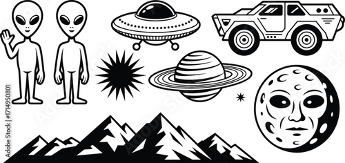 Black and white space illustration with aliens, UFO, rover, Saturn planet, moon face, mountains, starburst, extraterrestrial and astronomy themed design