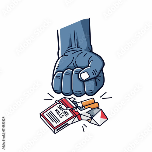 Conceptual illustration of a powerful fist crushing a pack of cigarettes, symbolizing the fight against smoking addiction and promoting a healthy, smoke-free lifestyle