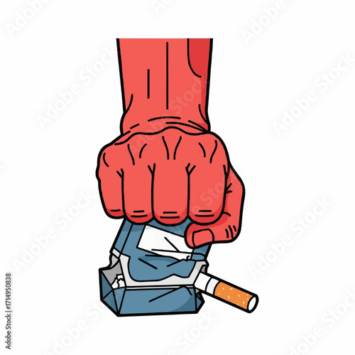 A strong red fist crushes a cigarette pack, visually representing the powerful concept of making a commitment to quit smoking and improve one's health