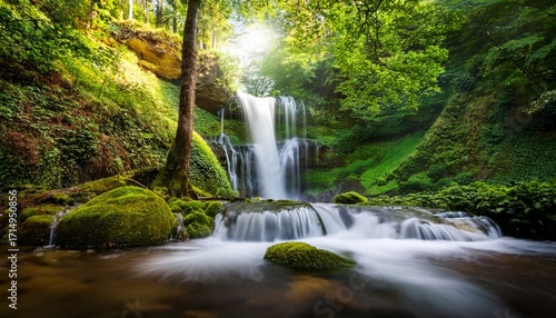 Beautiful Summer Green Forest Waterfall