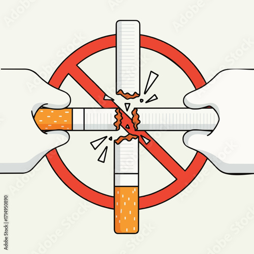 Hands breaking a cigarette with a 'no smoking' symbol. This illustration represents the commitment to quit smoking and live a healthier, smoke-free life, free from addiction