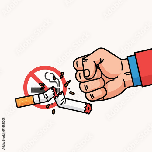 A powerful illustration of a fist crushing a cigarette, symbolizing the strong resolve to quit smoking, overcome nicotine addiction, and embrace a healthier, smoke-free living