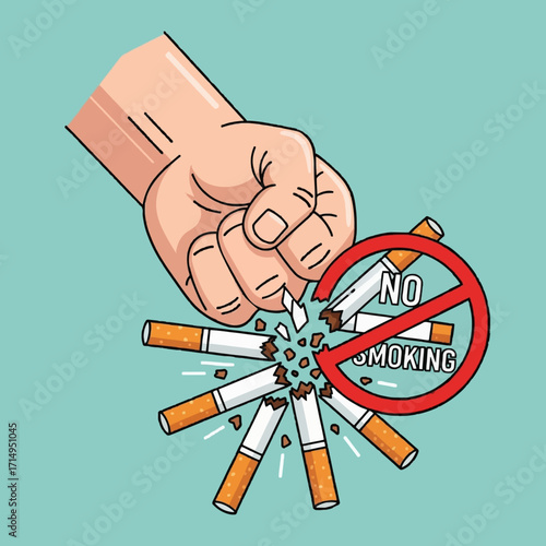 Empowering illustration of a fist crushing cigarettes, symbolizing a strong commitment to quitting smoking and achieving a healthier, smoke-free lifestyle
