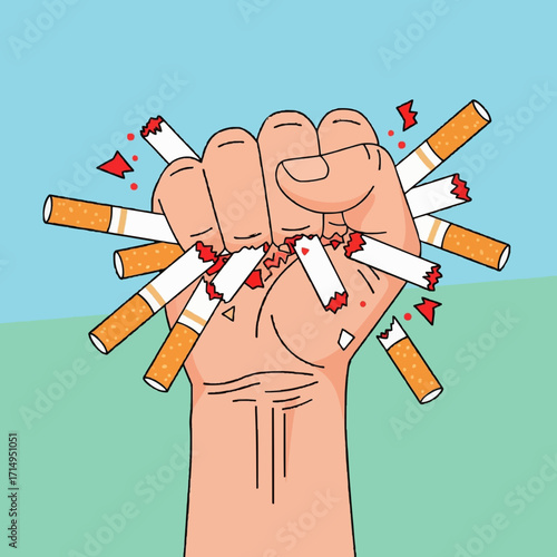 A powerful hand clenches, crushing multiple cigarettes, symbolizing a resolute decision to quit smoking, overcome nicotine addiction, and embrace a healthier, smoke-free lifestyle