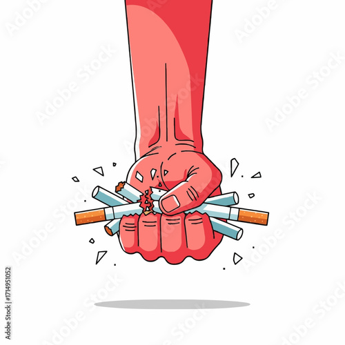 A powerful fist crushes cigarettes, illustrating the strong will and determination to quit smoking, break free from addiction, and embrace a healthier, smoke-free lifestyle
