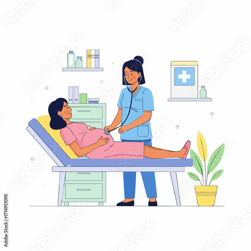 Professional Nurse Performing Prenatal Check-up on Pregnant Woman, Monitoring Baby's Health During Pregnancy Examination at Medical Clinic