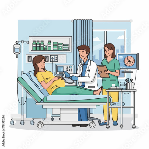 Pregnant woman receiving prenatal care with an ultrasound performed by a doctor, assisted by a nurse in a modern hospital room, illustrating medical examination and the journey to future parenthood