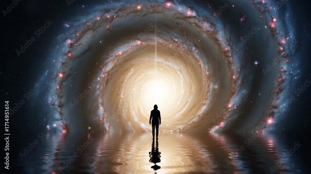 Silhouette standing on water before a swirling galaxy portal with bright light at the center