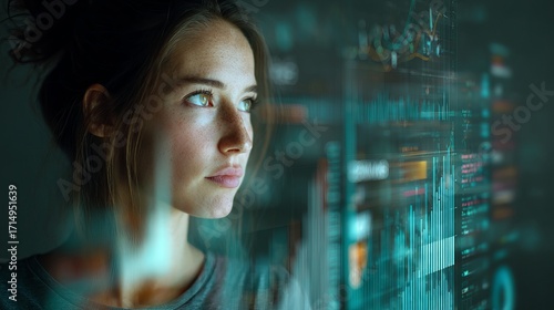 Focused woman analyzing complex data streams and financial charts on futuristic digital interface