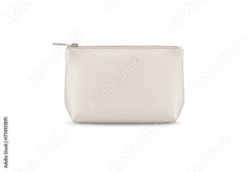 A beige square cosmetic bag with a closed zipper sits on a white background