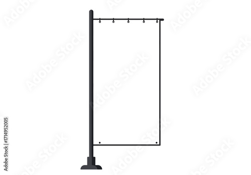 A blank vertical banner hangs from a dark metal stand