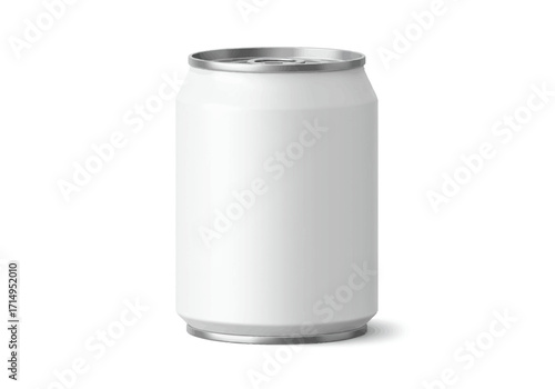 A blank white aluminum soda can sits upright on a white surface casting a faint shadow
