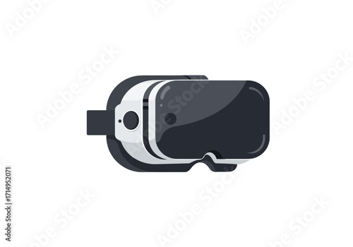 A cartoon VR headset in black white and gray with a dark gray strap