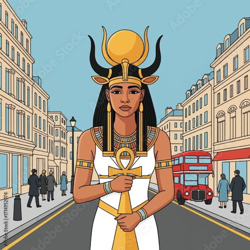 Ancient Egyptian goddess Hathor depicted in a modern London street with a double-decker bus.