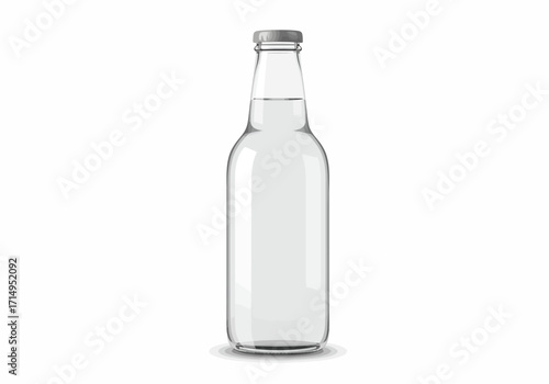 A clear glass bottle partially filled with a colorless liquid sealed with a grey metal cap resting on a white surface