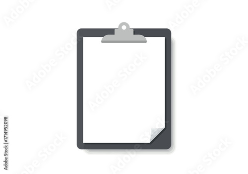 A clipboard holding a blank sheet of paper with a curled corner is depicted