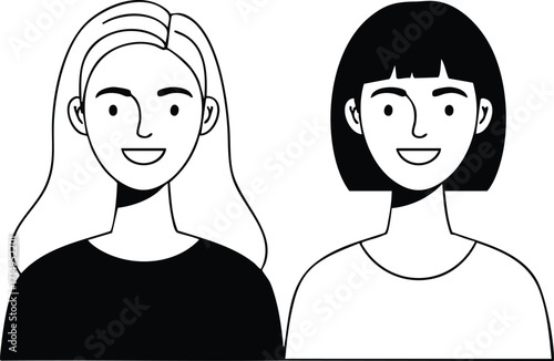 Two smiling young women portrait line art vector simple black and white illustration for diverse friendship and communication concepts 