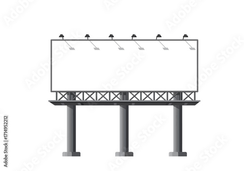 A gray billboard stands with three columns and top lights set against a white background