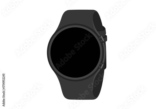 A grayscale illustration of a digital smartwatch with a circular screen and band