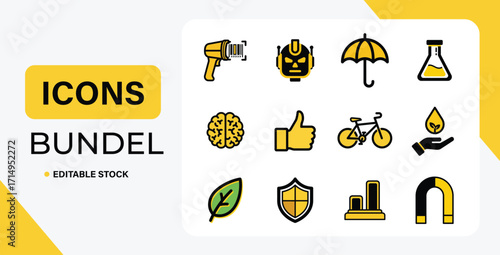 Vector art of a set of editable stock icons for technology, health, transportation, and business concepts
