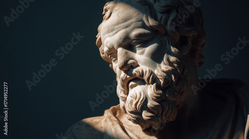 A close-up of a marble bust of Socrates with dramatic lighting