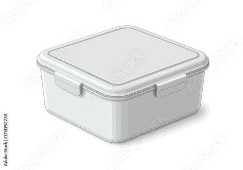A grey plastic square lunchbox with a lid and two locking clips sits diagonally on a white surface with a grey drop shadow