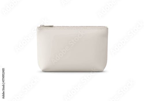 A plain beige cosmetic bag with a zipper is centered on a white background