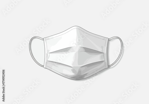 A pleated white face mask with ear loops depicted in a stylized illustrative manner against a pale gray background