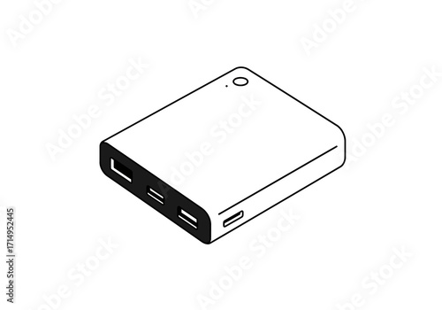 A rectangular power bank featuring inputoutput ports outlined in black against a white background