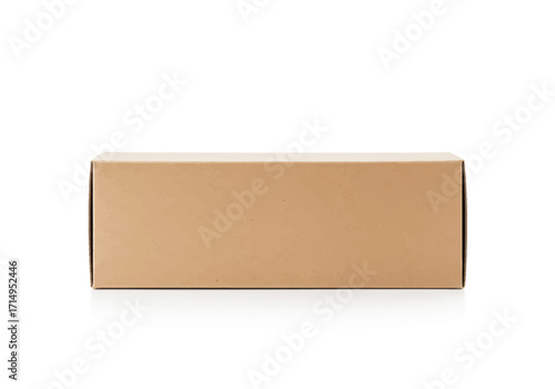 A rectangular cardboard box rests on a white surface casting a subtle reflection