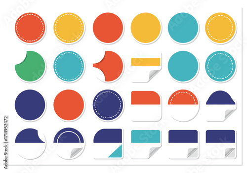 A set of twentyone assorted stickers featuring various colors and designs with peeling edges