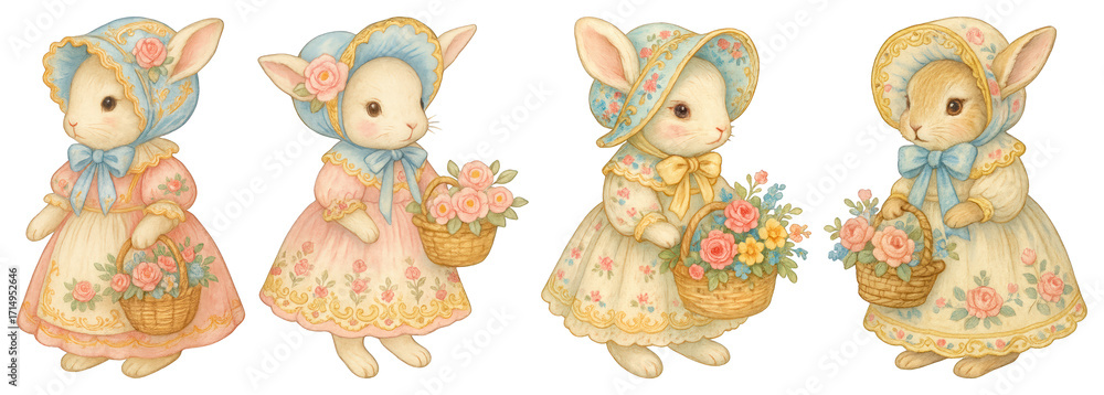Obraz premium PNG Vintage bunnies in floral dresses, element set on transparent background