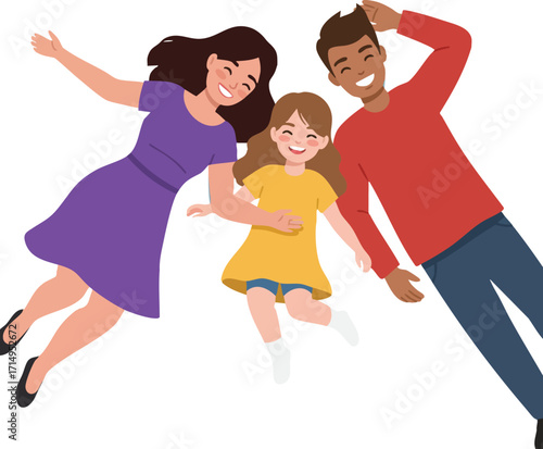 Happy family lying down together smiling with mother, father, and child in casual clothes vector illustration 