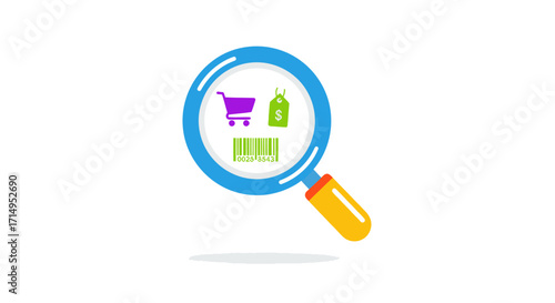 Magnifying glass examining shopping cart and grocery items.