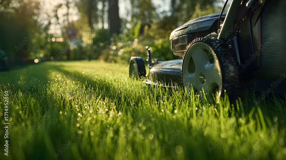 Fototapeta premium Lawn mower cutting fresh green grass in a vibrant garden during sunny afternoon light