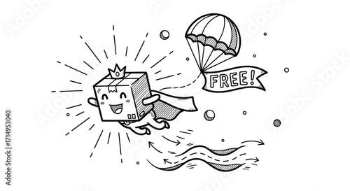 Cartoon Box Character with Crown and Cape Flying with Parachute and Free Banner.