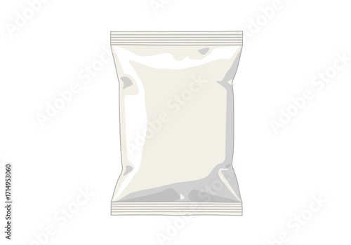 A white sealed plastic package stands vertically on a white backdrop