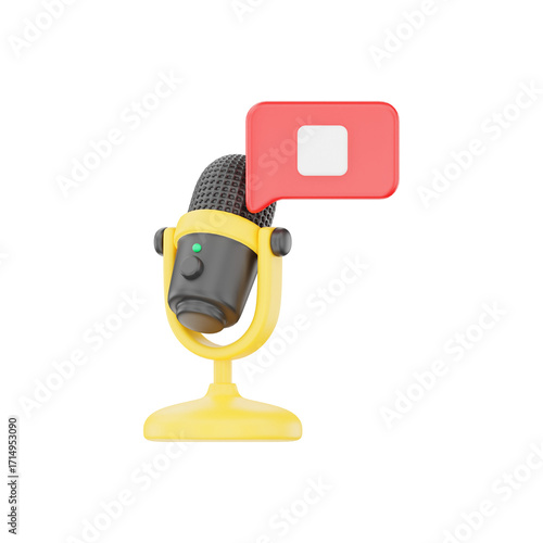 3d microphone icon with red notification bubble on stand for podcasts and audio recording