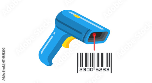 Blue Handheld Barcode Scanner with Red Laser Beam.