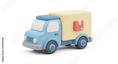 Cute Blue and Beige Toy Delivery Truck with Red Package Icon.