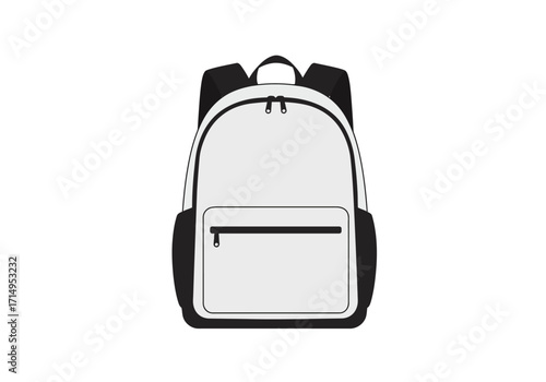 Backpack A gray backpack with black straps handles and accents is centered on a white background