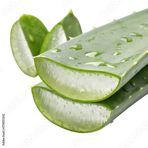 Close up of fresh aloe vera plant leaves with water droplets isolated on transparent background