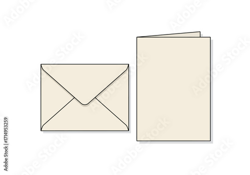 Beige envelope next to a folded beige card with black outlines casting a shadow on a white background