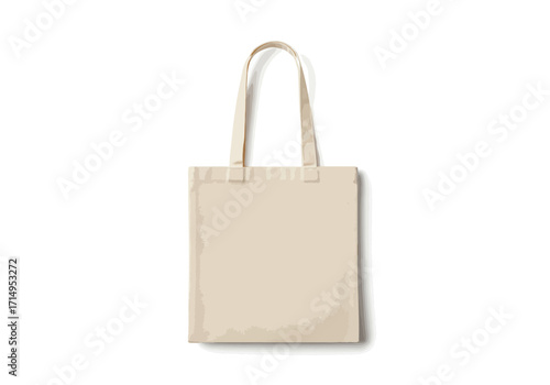 Beige tote bag with handles casting a shadow isolated on a white background