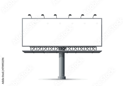 Billboard with a blank white sign atop a tall gray metal pole and lights above it