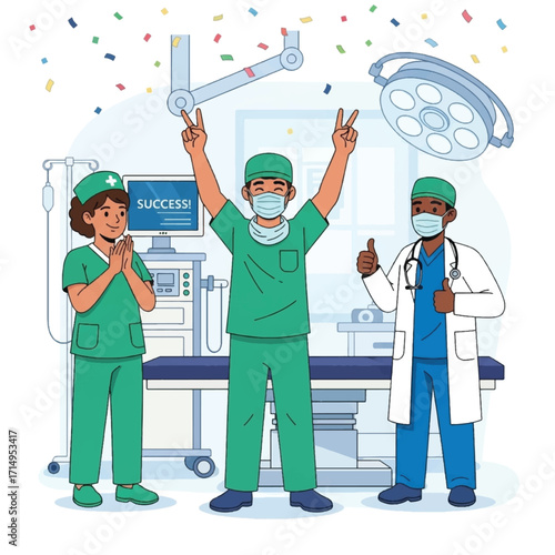Medical team celebrating a successful surgery in a modern operating room.