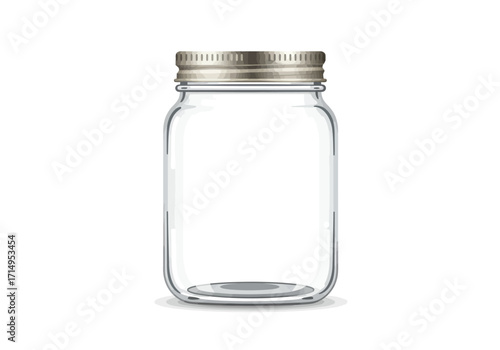 Empty clear glass mason jar with silvercolored ribbed lid casting a soft shadow on a white backdrop